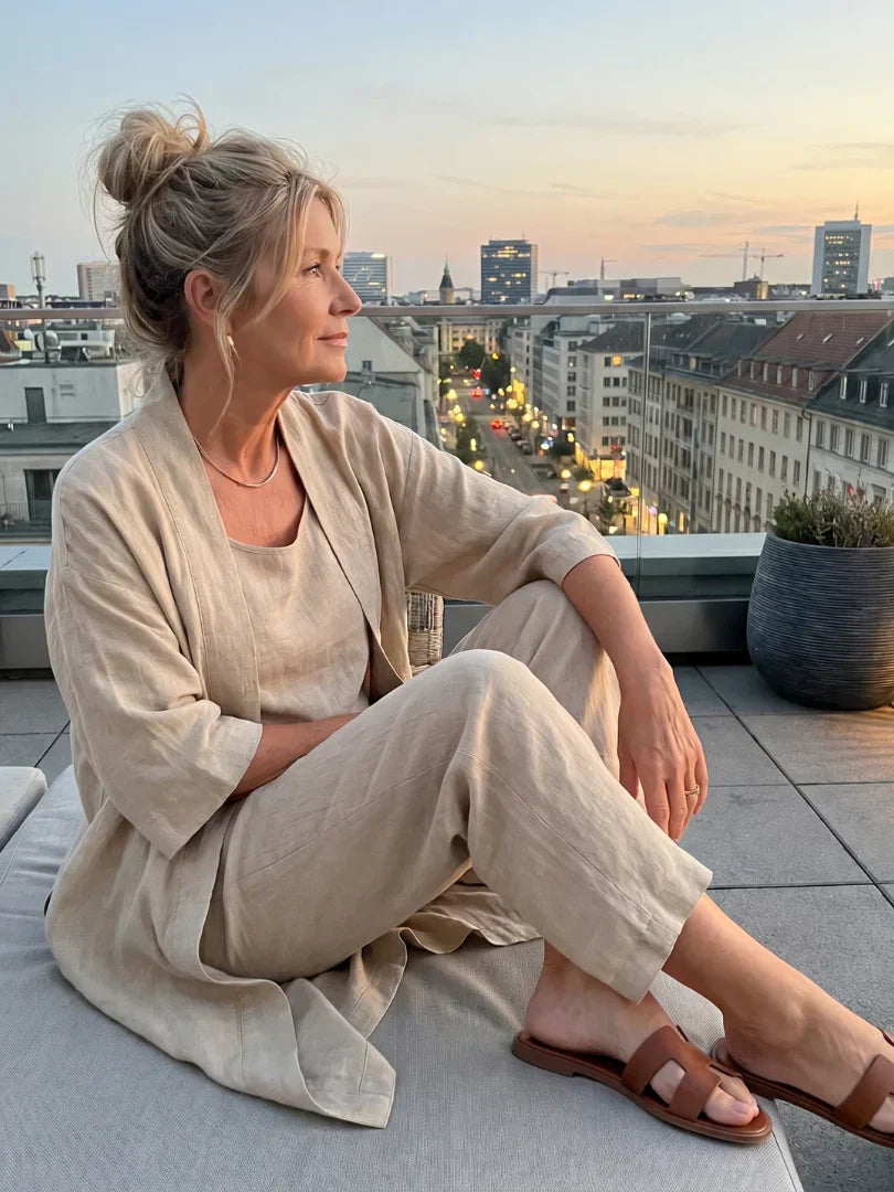 לִינֵאָה – סט שלושה חלקים מפשתן: גופייה, מכנסיים רחבים וקימונו