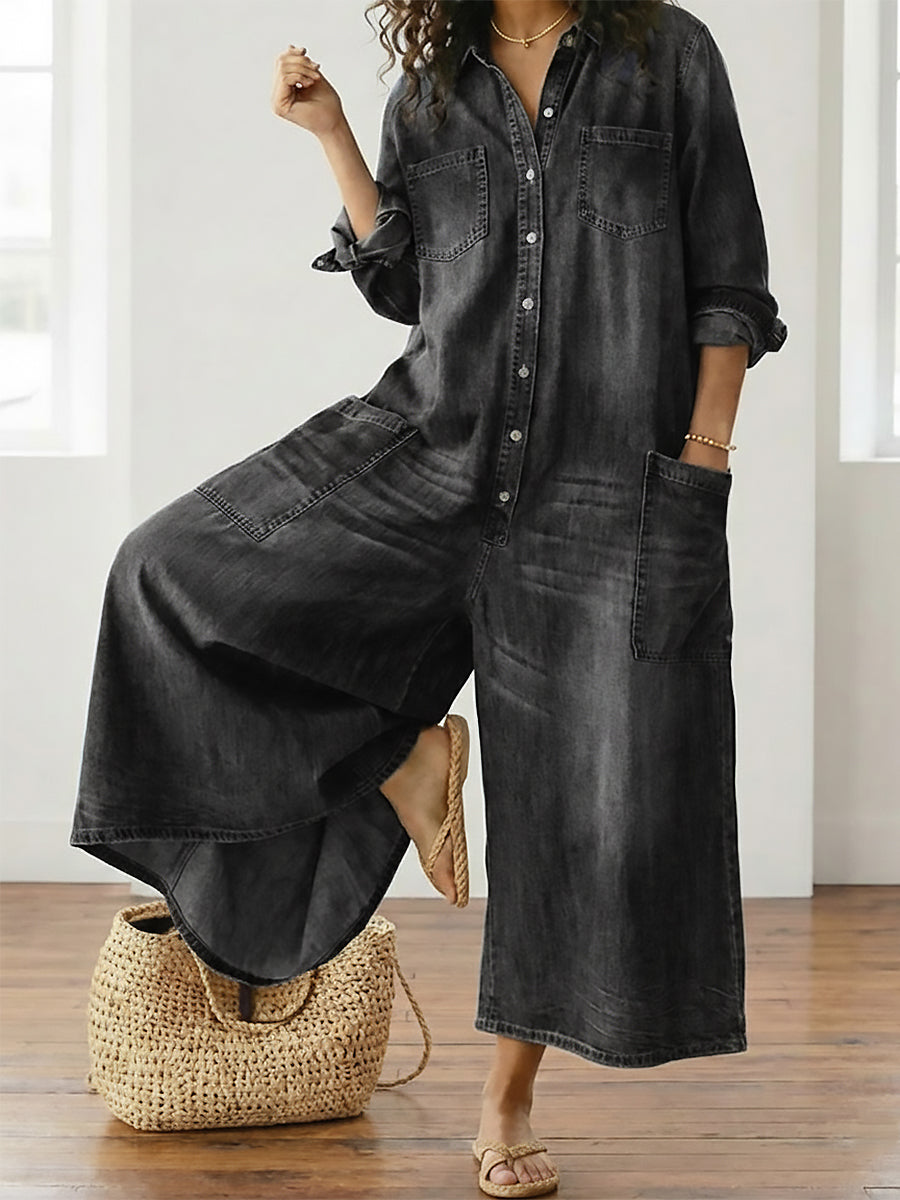 Diana | חליפת ג'ינס מכותנה רכה בסגנון וינטג' עם סגירת כפתורים